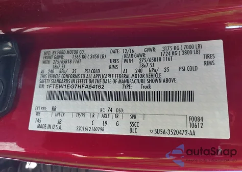 2017 Ford F-150 Xlt z USA, uszkodzony, nr VIN 1FTEW1EG7HFA54162